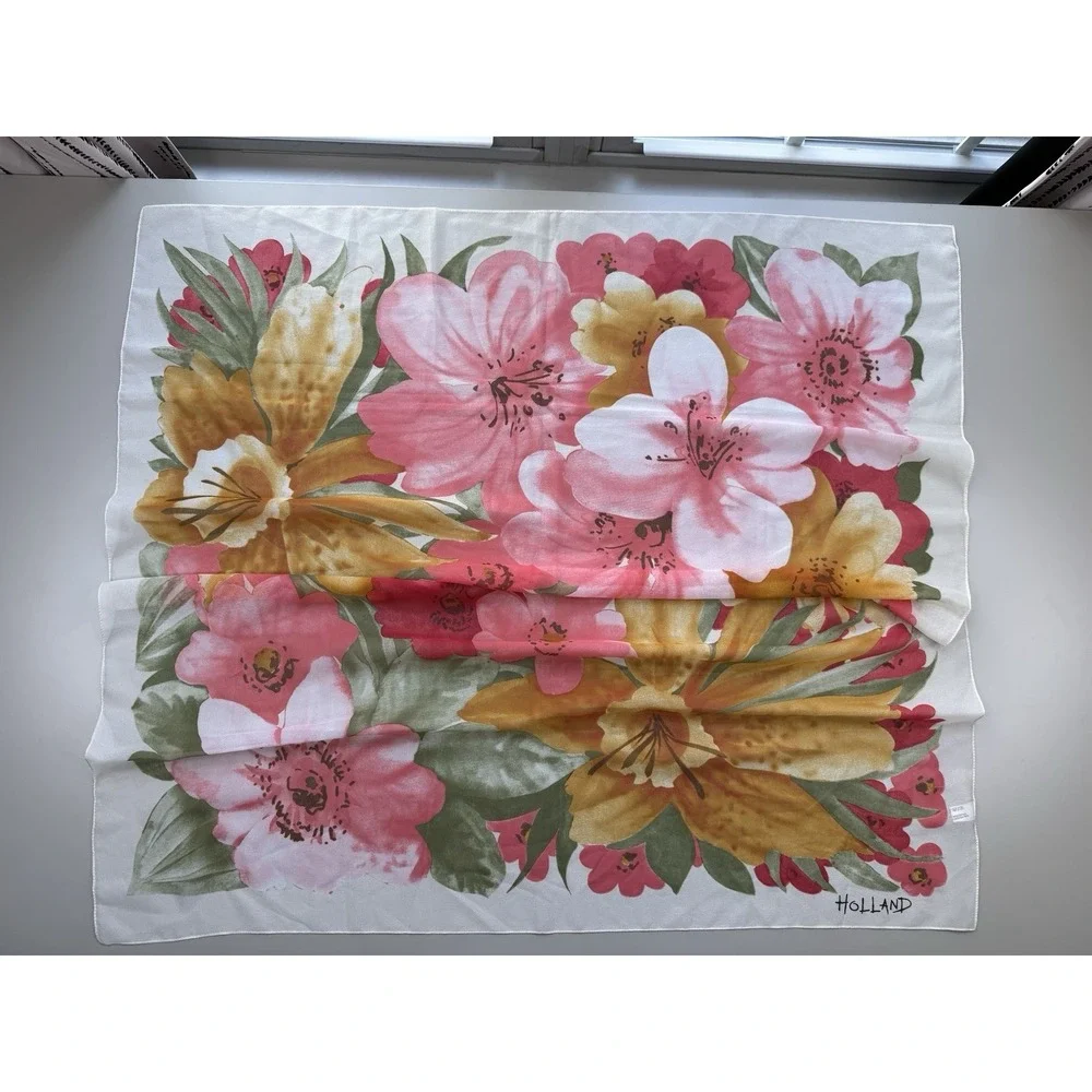 Vintage Holland Floral‎ Scarf Sheer Polyester Pink Yellow Green Square 80s Retro